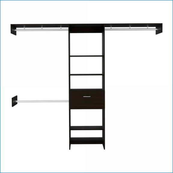 Closet Systems British Style Bedroom Organizer with 1 Drawer, 3 Rods, 5 Shelves | 99.7'' Top | Black | Particle Board