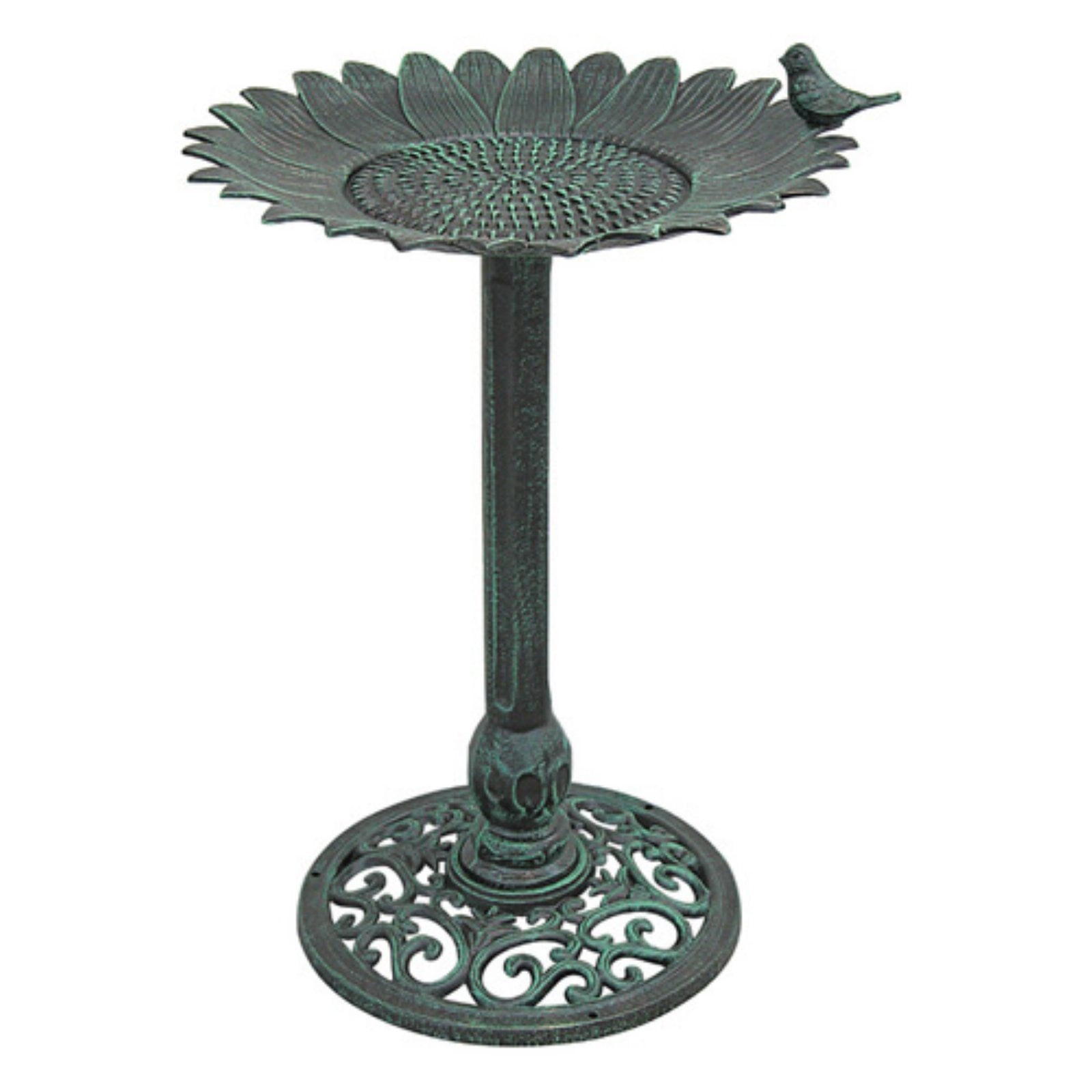 Innova Sunflower with Sitting Bird Metal Birdbath Verdigris Green by Innova Hearth and Home Inc