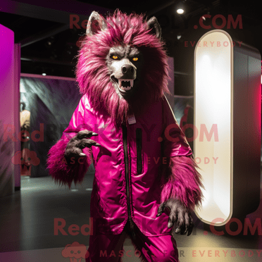 Magenta Werewolf REDBROKOLY mascot costume character dressed with a Parka and Cufflinks