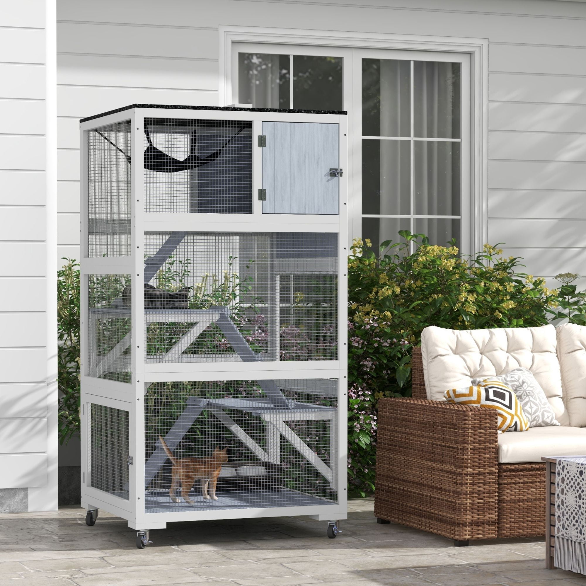 PawHut Outdoor Catio Enclosure, Multi-Level Fir Wood Cat Cage with Hammock, Ramps, and Nap Box, Mobile Wheels, Weather-Resistant Asphalt Roof, 33.75"L x 31.5"W x 66"H, Light Gray