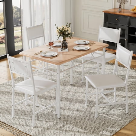 Dining Table Set For 4 Kitchen Table And Padded Chairs Small Space Dining Room Furniture Space Saving Ergonomic Design Modern Minimalist Style Natural White 5 Pieces Set