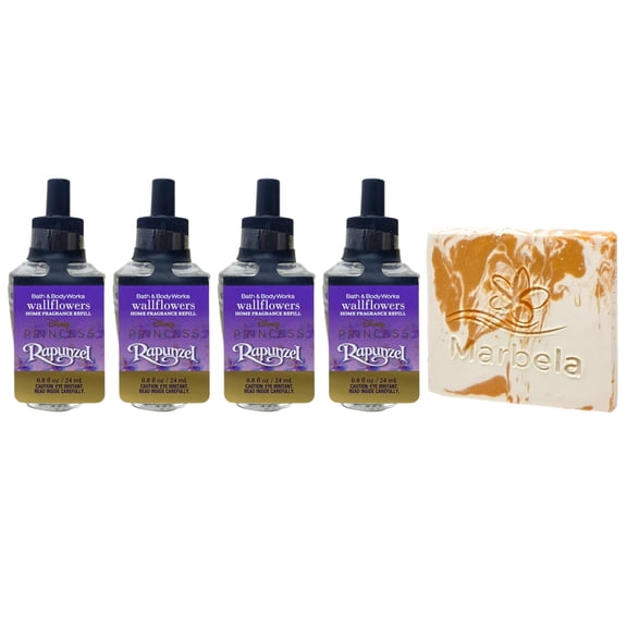 Bath & Body Works Limited Edition Princess Collection Rapunzel 4 Wallflowers Home Fragrance Refill Bulbs with a Peach Gardenia Mini Soap