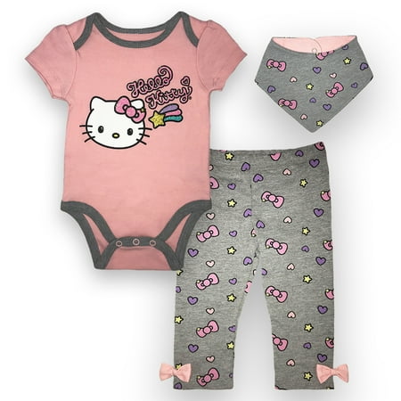 Hello Kitty Bodysuit, Pant and Bib Set, 3 pc Set (Baby Girls)