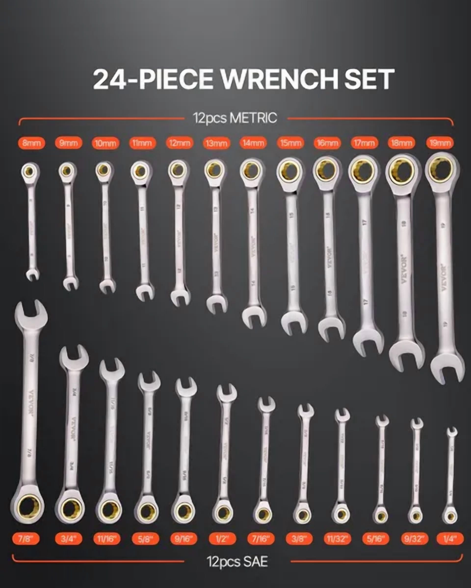 24 Piece Ratcheting Combination Wrench Set SAE 1 4 to 7 8 Inch Metric 8mm to 19mm Cr V Steel with Organizer Rack for Household Auto Repair