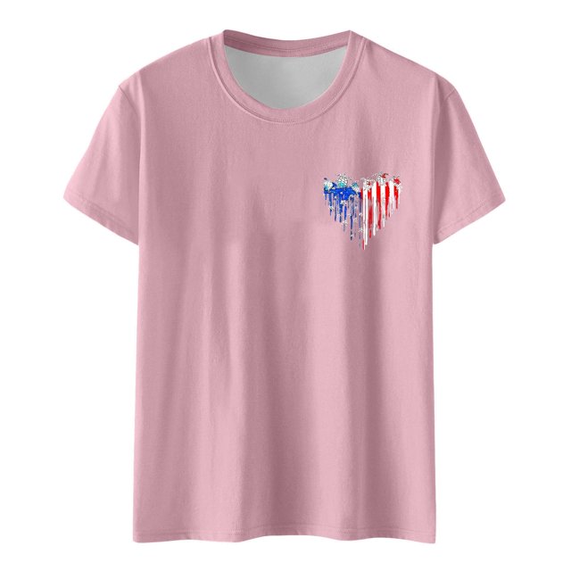 Hauts pour Femmes Jour de l'Indépendance Drapeau Col Rond Imprimé Lettre Manches Courtes T-Shirts pour Femmes Rose S