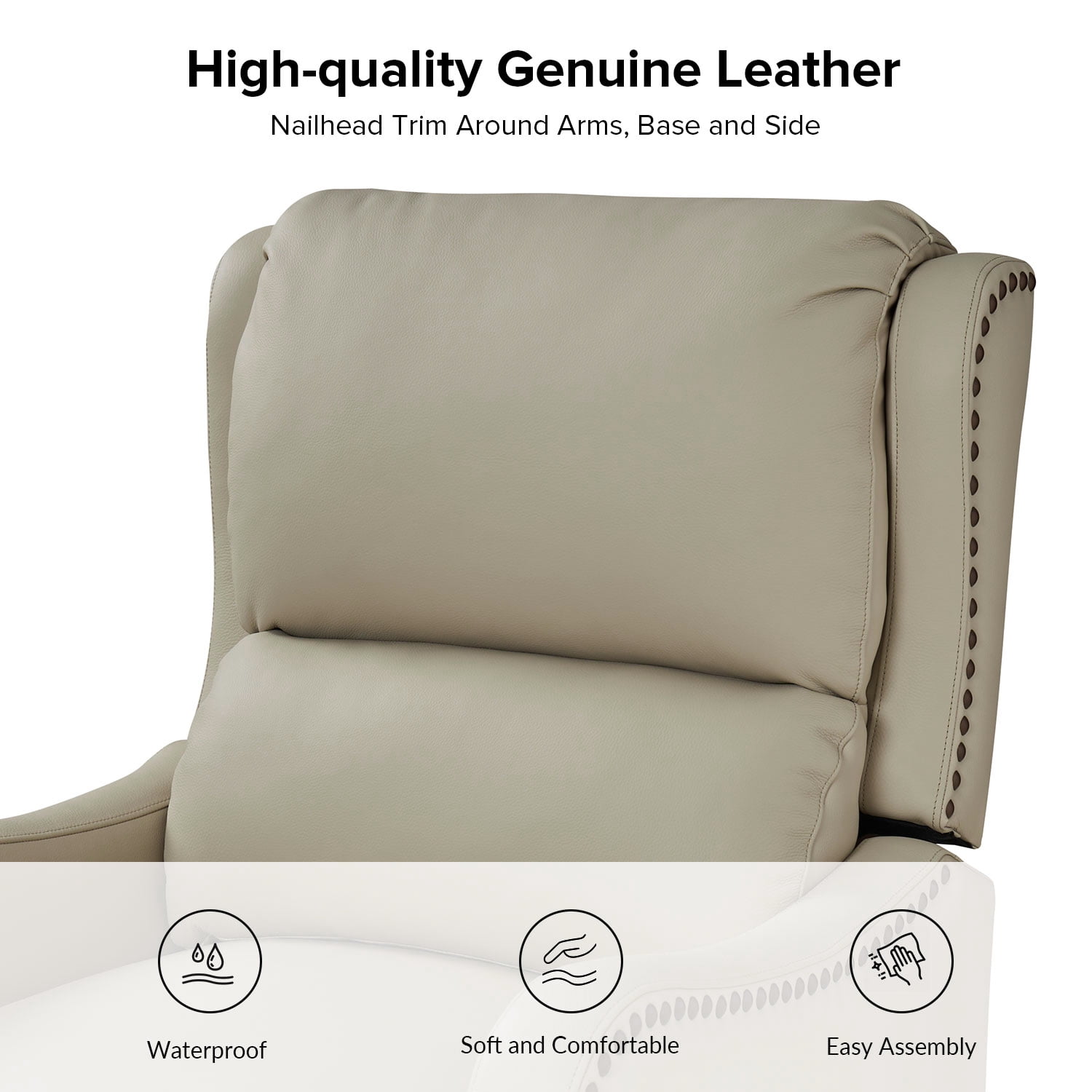 Genuine Leather Recliner Chair Push Back Upholstered Armchair Wingback Lounge Sofa Wood Leg Home Decor Living Room Beige