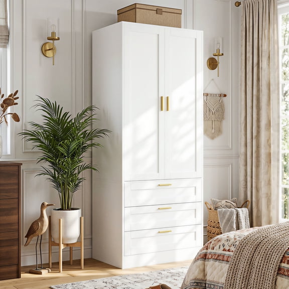 Homieasy 71" Tall Armoire Wardrobe Closet - 3 Drawers, Doors & Hanging Rod, Extra Deep 20" Bedroom Storage with Soft-Close Hinges,White