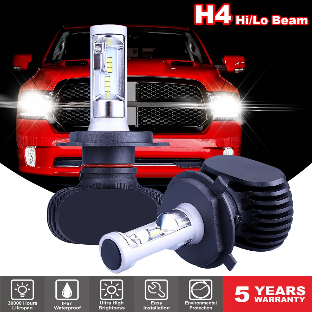 6k 6500k H4 SMD COB 360° LED White Headlight HID Hi/Low Light Bulb Kit Pair 7"