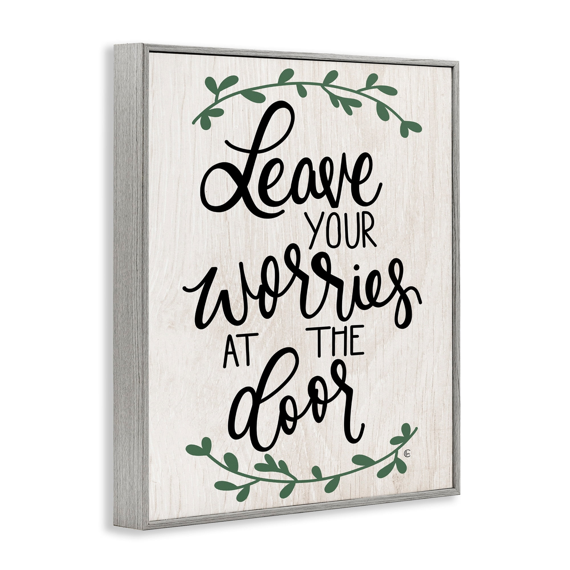 Stupell Industries Leave Your Worries at the Door Quote Family Greeting Framed Wall Art Design by Fearfully Made Creations, 11" x 14", Gray Framed