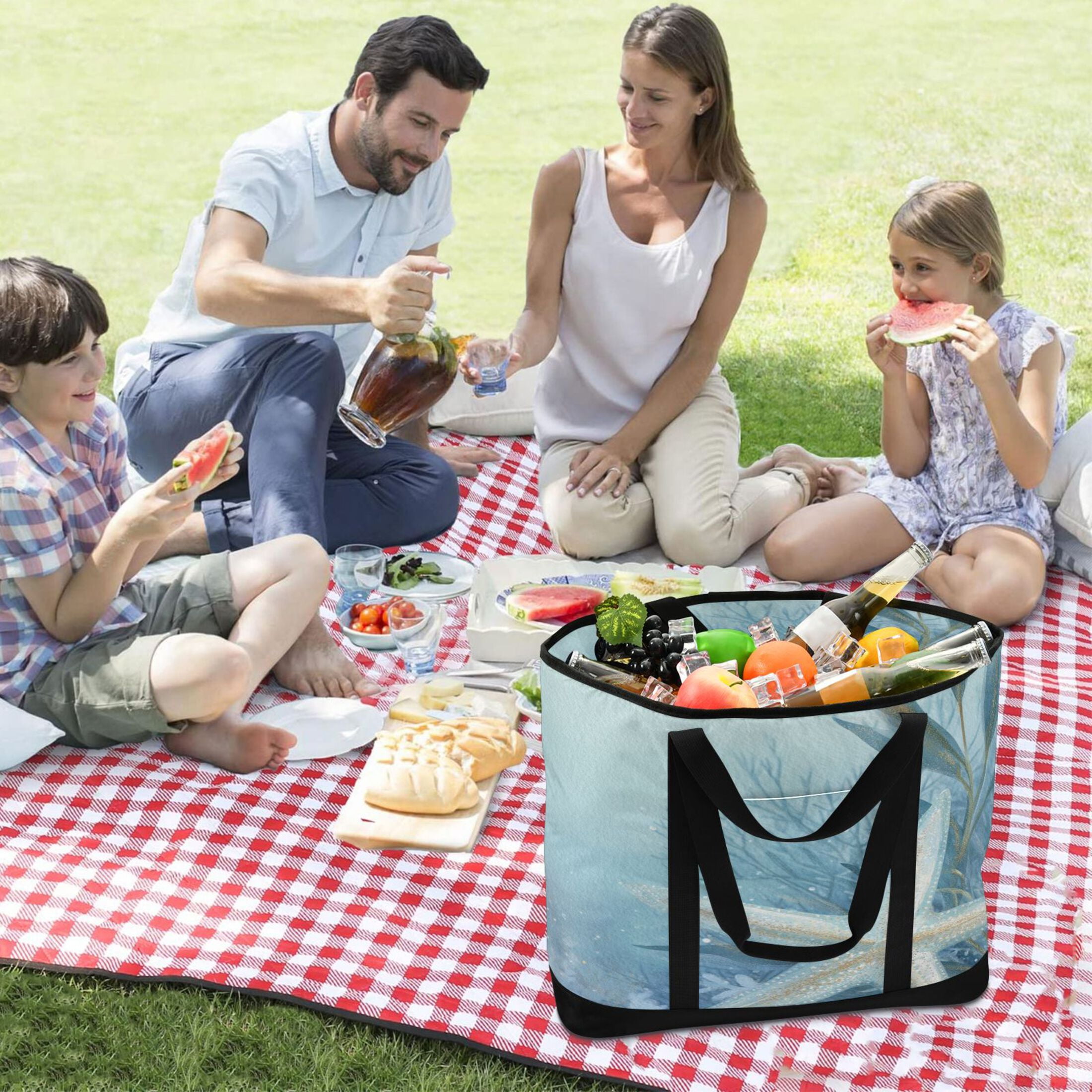 Large Hand-held Ice Pack Picnic Bag Insulation and Refrigeration Suitable for Shopping Picnics and Camping Blue Starfish Pattern