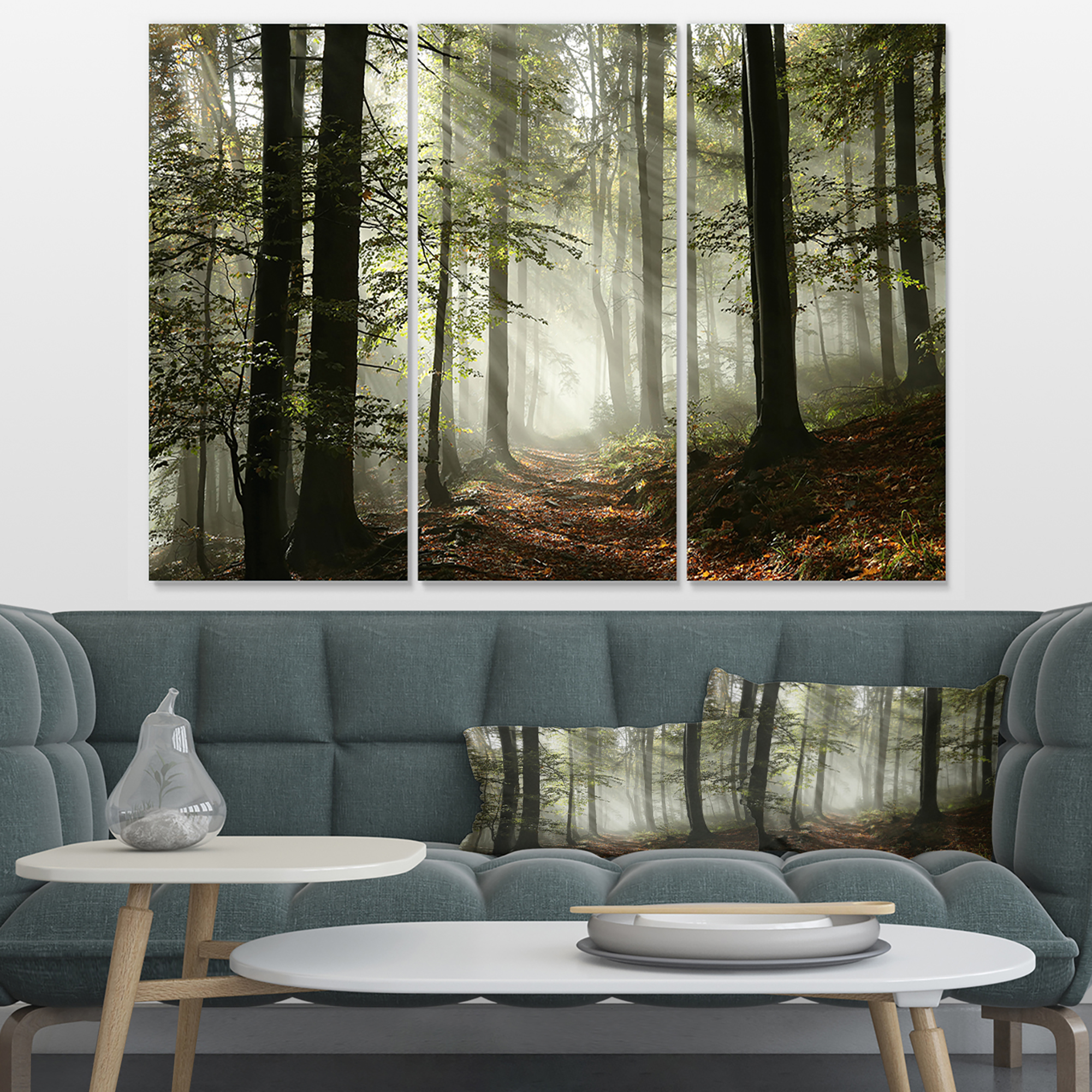 Designart 'Light in Dense Fall Forest with Fog ' Landscape Art Print Canvas