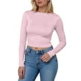 thumbnail image 4 of GEWSEY Women's Boat Neck Tops Long Sleeve Shirts Casual Fitted Tee Shirts Solid Color Fall Basic Clothes (Pink, XL), 4 of 5