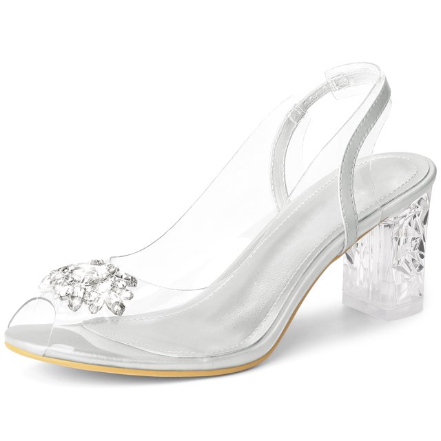 BLISSFUL STEP Women's Clear Slingback Rhinestone Peep Toe Block Heels Sandals