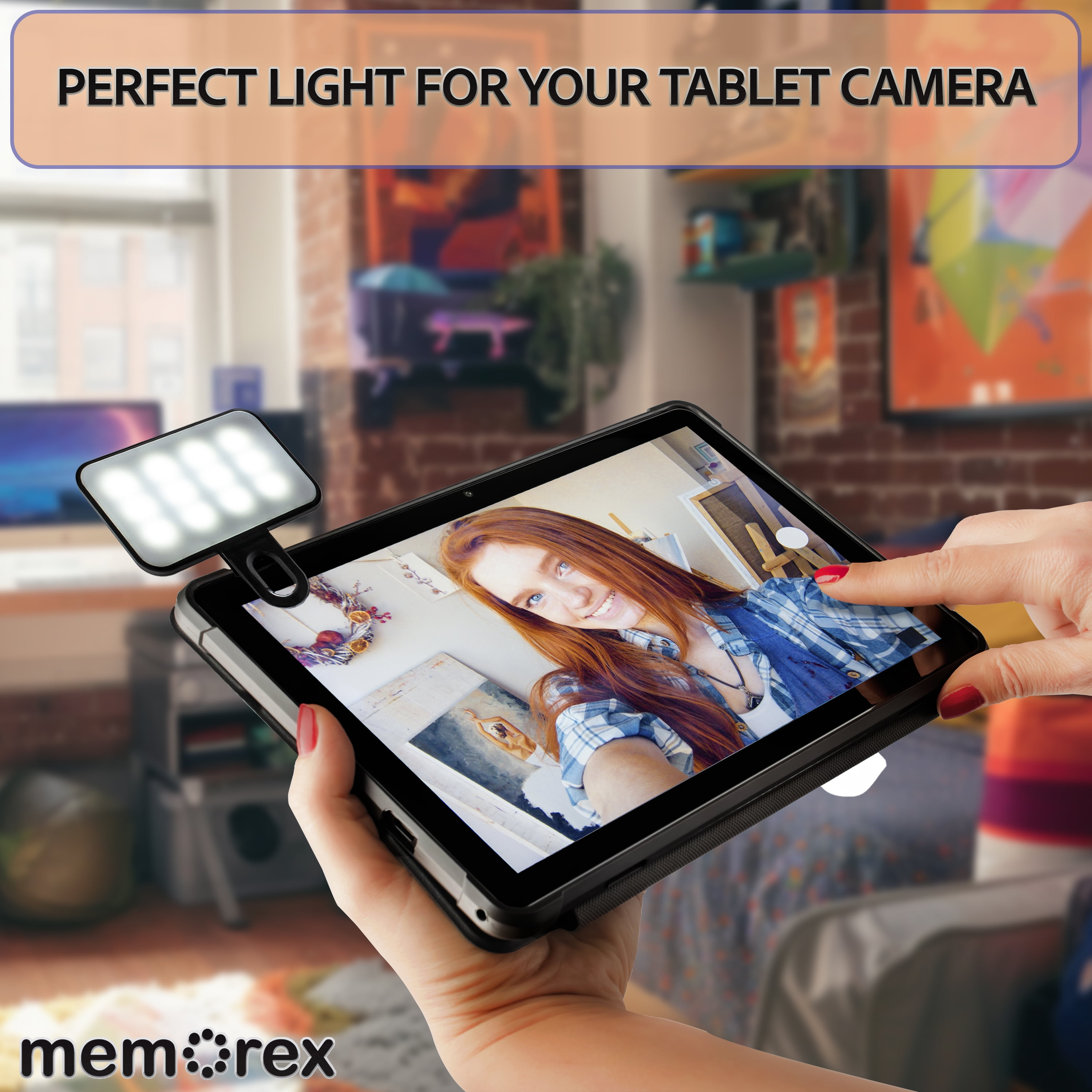 Memorex Bonus 4-in-1 Influencer Bundle - 10.1" HD IPS Android 14 8-Core Tablet, 128GB Storage, 4GB RAM with Bonus LED Light & Clip, Braided 10ft USB-C cable & Dual Hi-Resolution Cameras