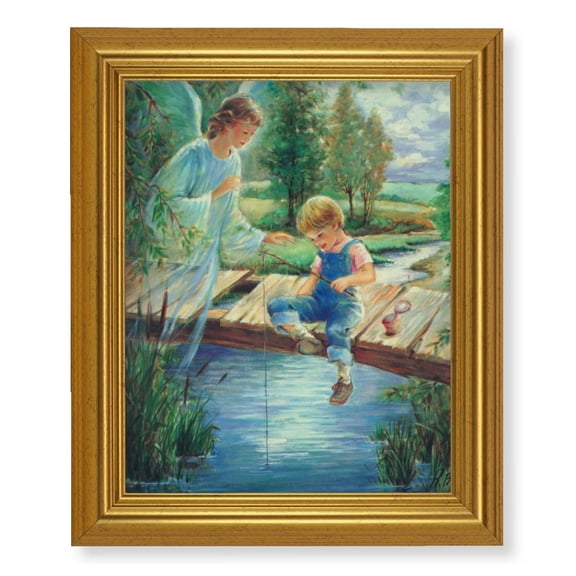 Guardian Angel with Boy Picture Framed Wall Art Decor, Large, Antique Gold-Leaf Classic Frame