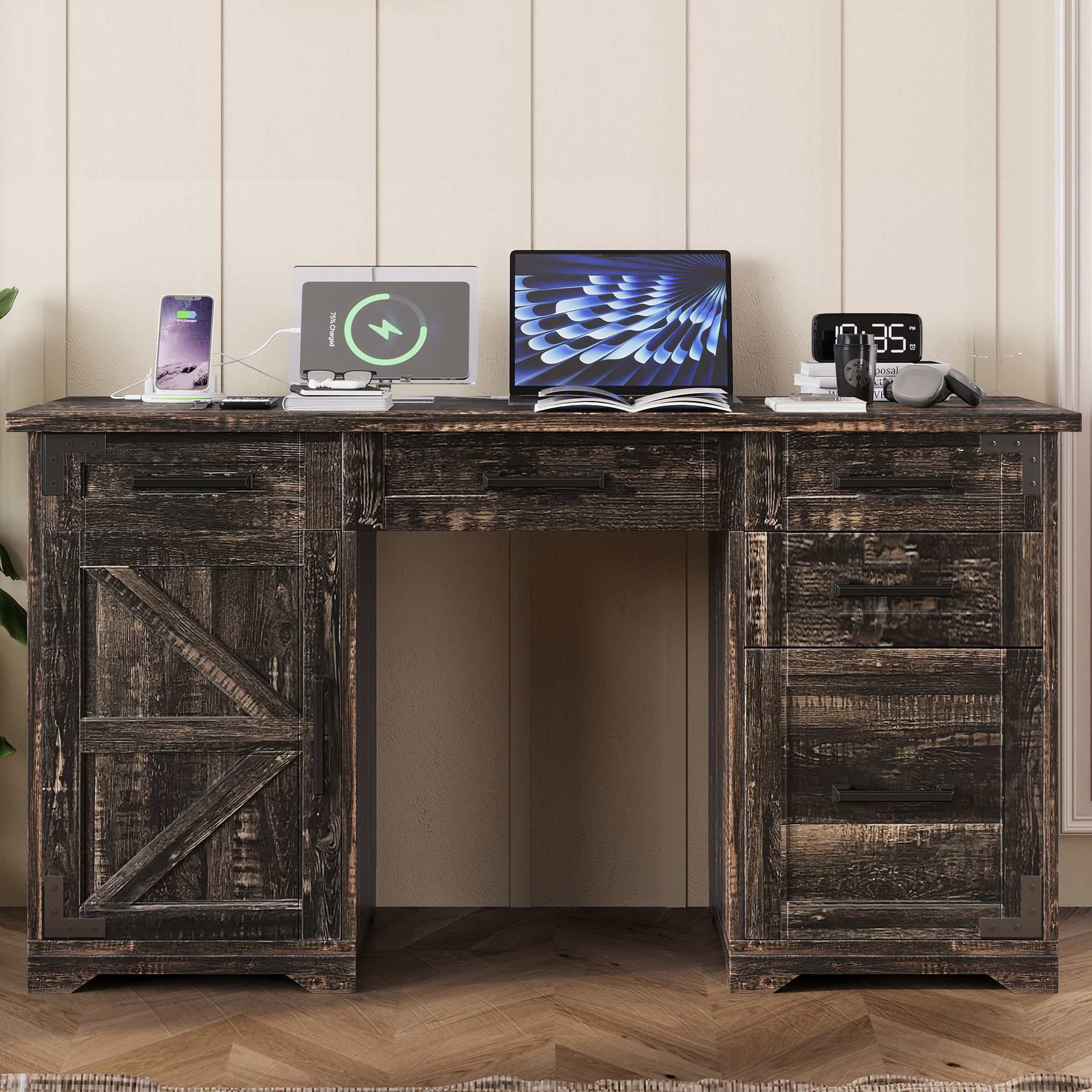 Astoutdoor 55" Farmhouse Executive Desk with Charging Station & Power Outlet, Home Office Computer Desk with 5 Drawers and Cabinet, Rustic Gray