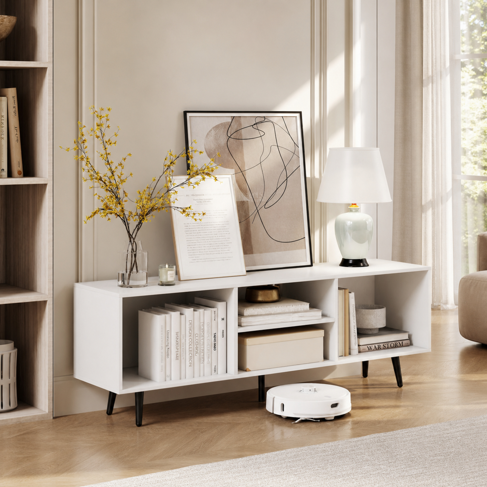 Furnibear 47.5 Inches TV Stand for 55-Inch TV with Compartments and Metal Legs for Living Room Bedroom Media Console Entertainment Center, White