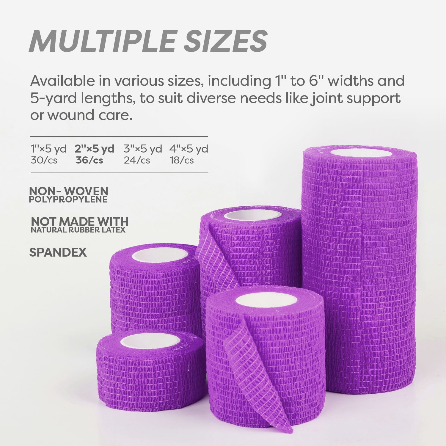 Dynarex Sensi-Wrap Self-Adhesive Bandages, 36-Pack, 2" x 5 yards, Purple, Latex-Free, Colored Elastic Cohesive Athletic Tape, Tattoo Grip & Vet Wrap