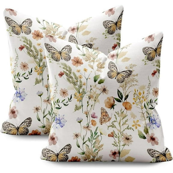 Orange Autumn Butterflies Flowers Floral Pillow Covers 18x18 Set of 2,Flower Throw Pillow Covers Outdoor Decorative Linen Pillow Covers for Couch Bed Sofa Cushion Floral Pillowcases