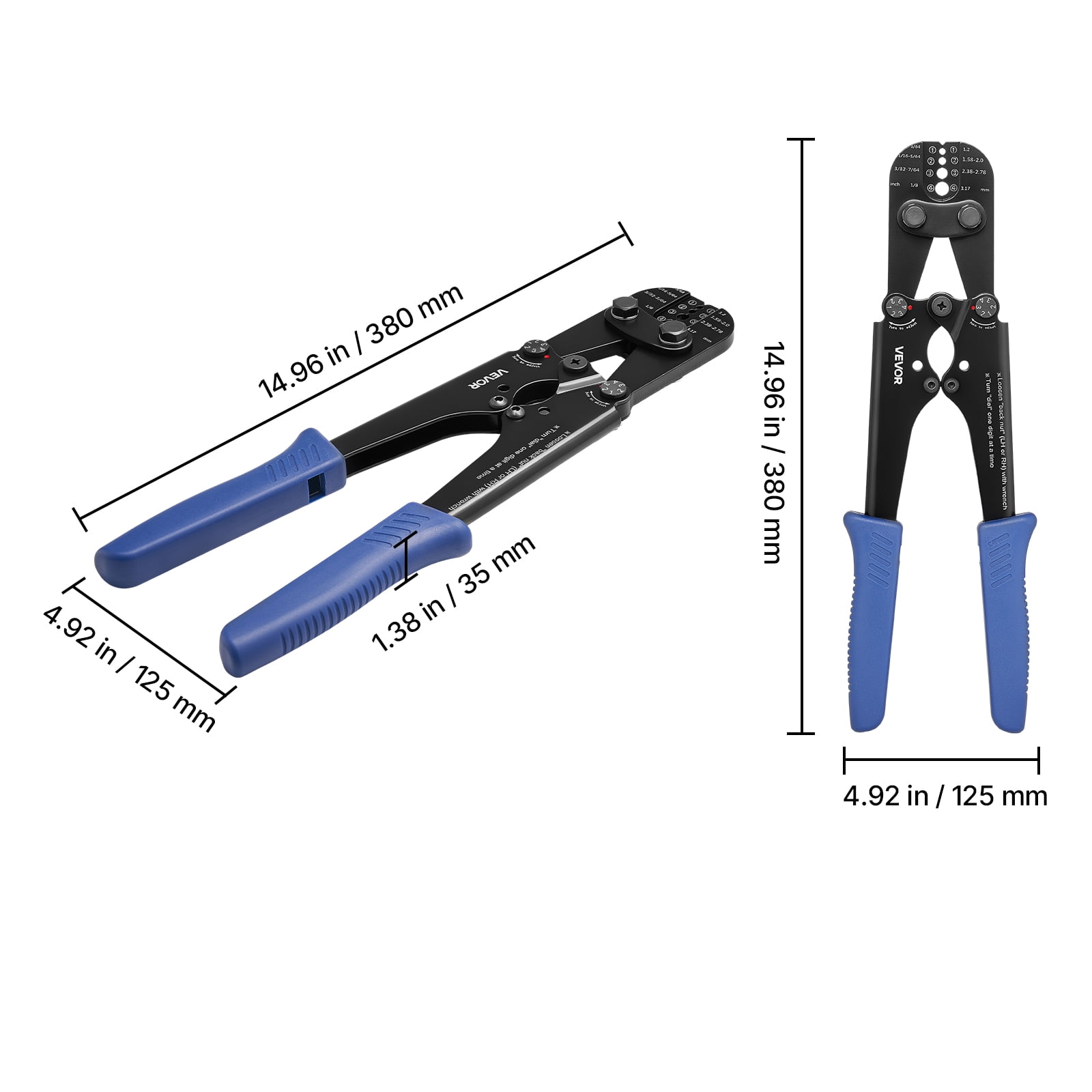 VEVOR Crimping Tool, 3/64" - 1/8" Steel Wire Rope Crimper, with Clear Metric and Imperial Markings, Adjustable Force, Crimp Pliers for Aluminum Oval and Dual Sleeves, and Annealed Copper Sleeves