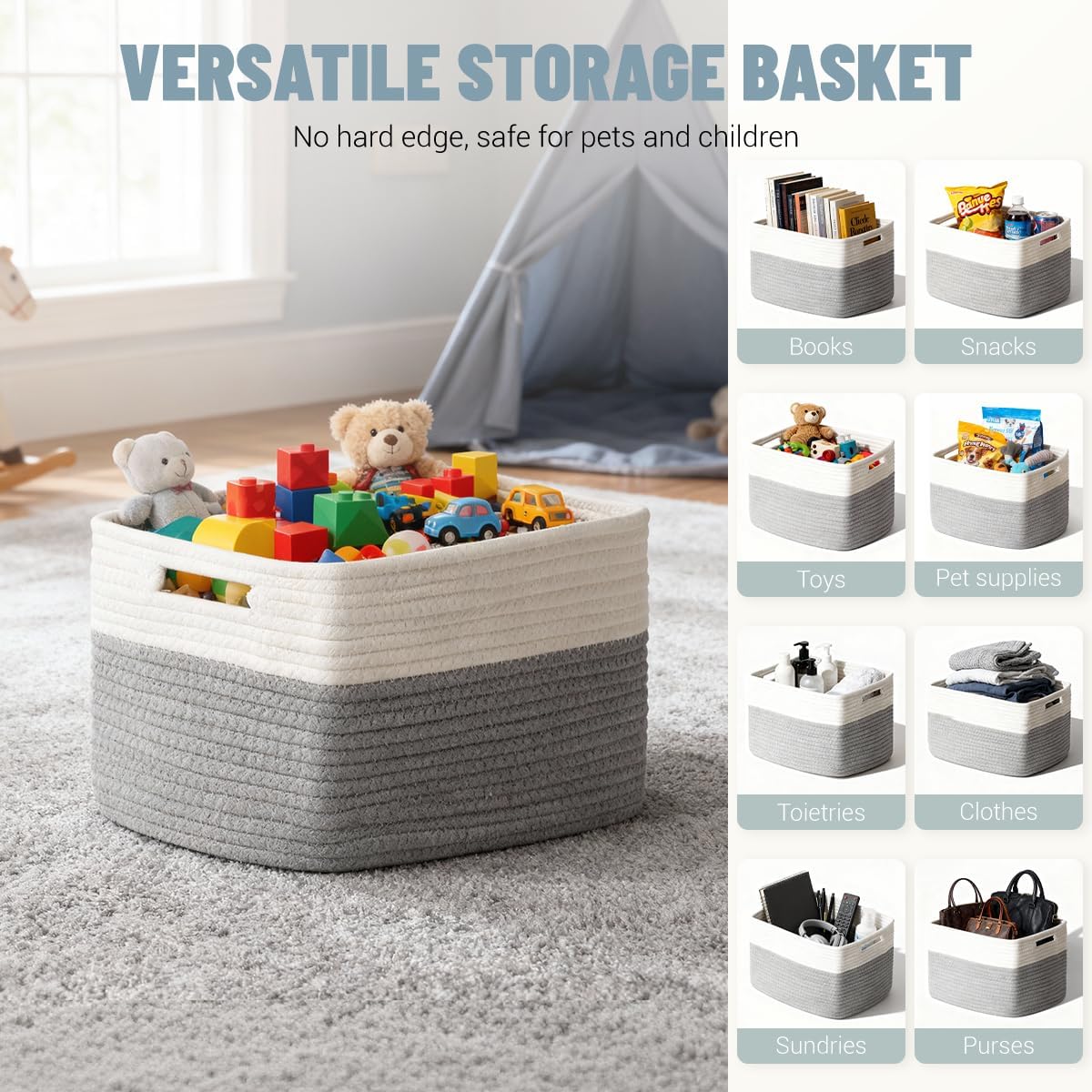 Storage racks and baskets for toys, books, clothes, wardrobes, nurseries, and bathrooms – cotton rope storage racks and baskets.