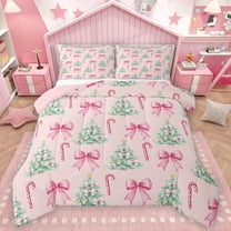 Homewish Kawaii Bow Bedding Comforter Set,Cartoon Christmas Tree Twin Comforter Sets,Ppink Green Bedding Set For Girl Teens,Super Cozy Room Decor Reversible,2pcs
