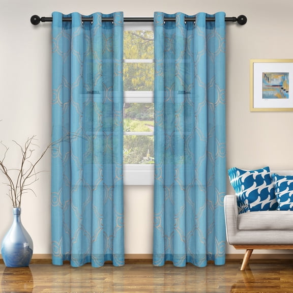 Superior Semi-Sheer Moroccan Printed Curtain Set of 2, 52" x 84", Aquarius