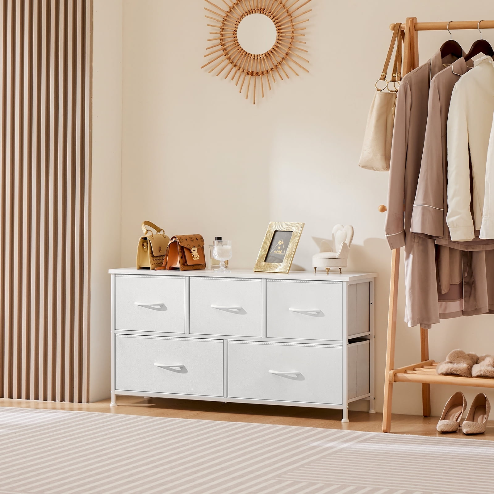 CONCETTA Dresser 5 Fabric Storage Drawer Dresser, TV Stand, Chest of Drawers for Bedroom, Closet, Entryway, Living Room, White