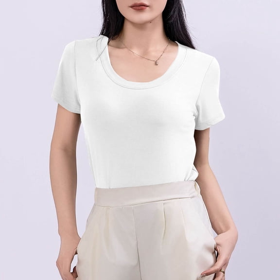 Women's Casual T-Shirt, Soft Stretch Cotton Blend Short Sleeve U-Neck Top for Everyday Comfort, Basic Solid Tee