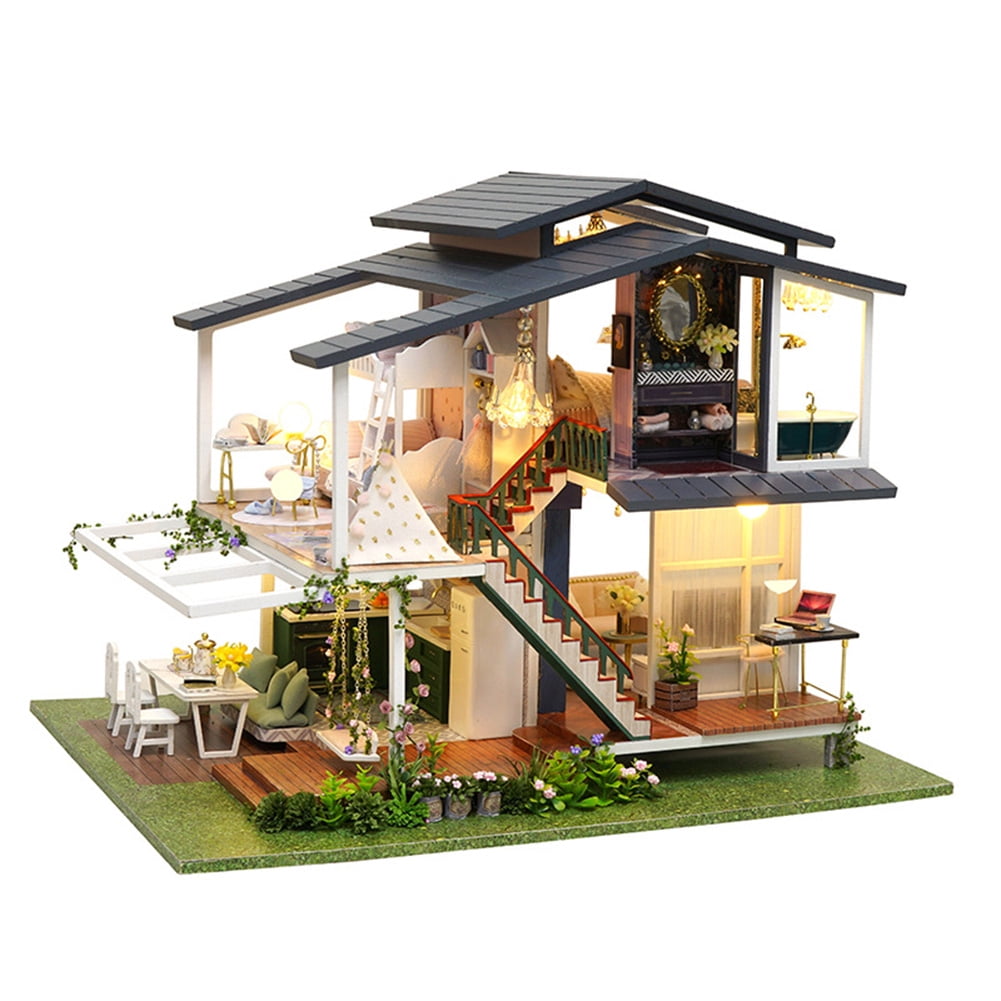 Details about   Wooden Miniature Dollhouse Set with Furniture Kids Educational Learning Toy New 