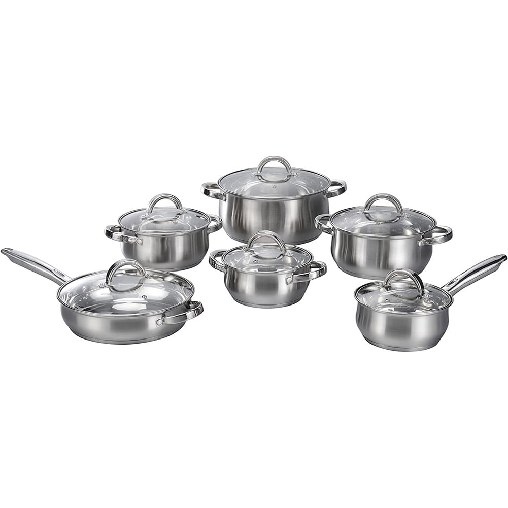 Stainless steel cookware, 12 pieces, induction ready, with glass lid
