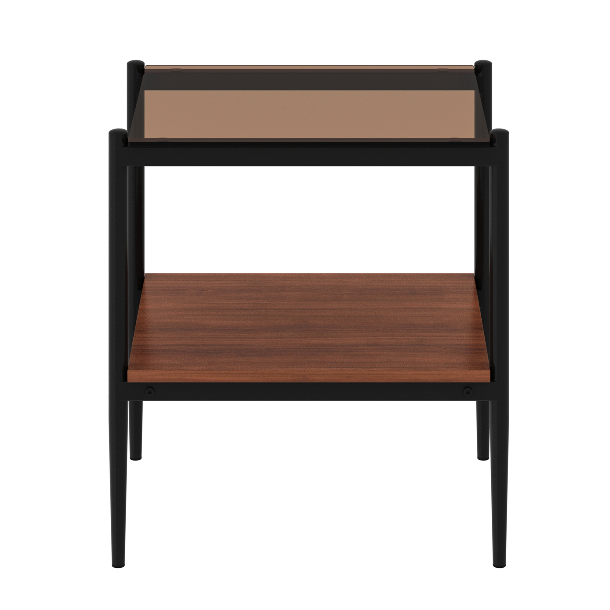 Set of 2 Modern Brown Glass Rectangle End Tables, Tempered Glass Top with MDF Storage Shelf & Iron Legs for Living Room Bedroom