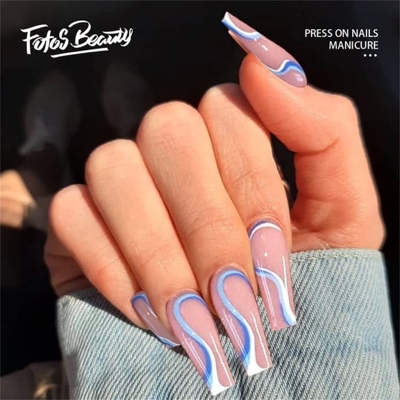 Fofosbeauty 24pcs Press on False Nail Tips Extra Long Coffin Manicure Full Cover Fake Nails, Blue white