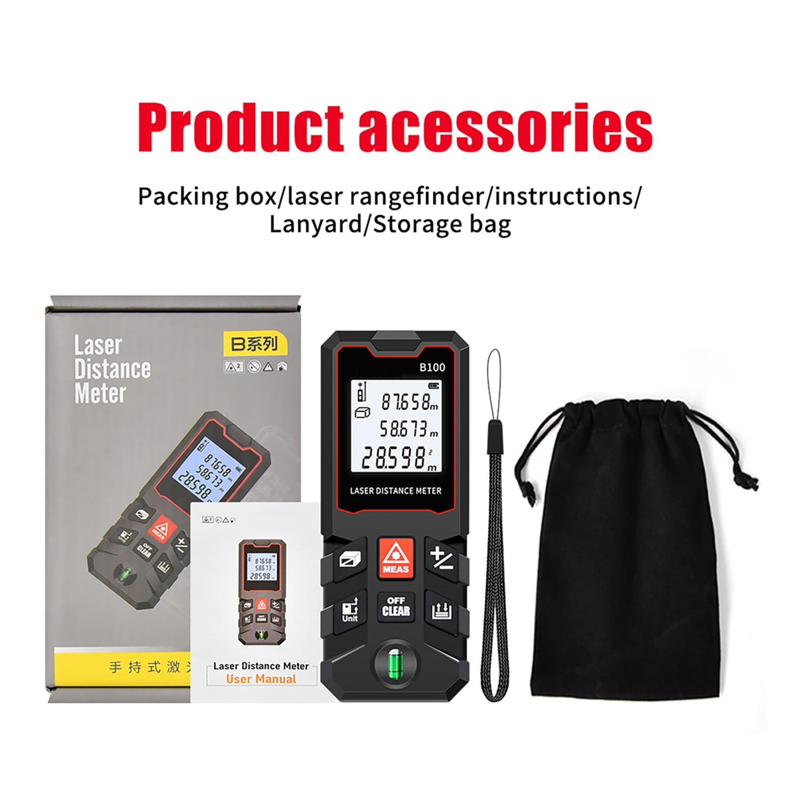 100m  Measure LCD Digital  Distance Meter With Bubble Level Mini Range Finder Distance/ Area/ Volume/ Pythagorean Measuring Tool Unit Switching Data Storage