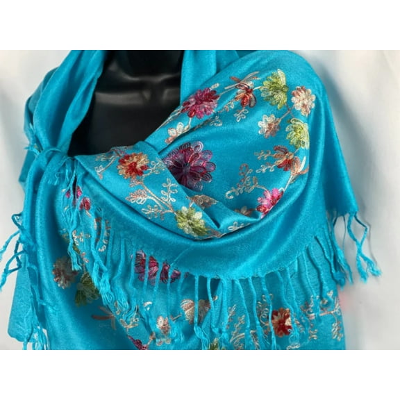 Vibrant Turquoise Floral Embroidered Scarf with Fringe - Luxurious Soft Wrap for Women