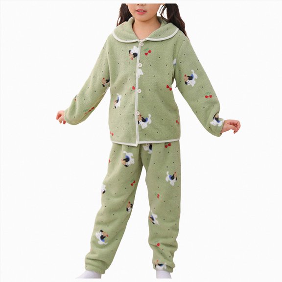 13-14 Years Teen Girls Pajamas Boys Flannel Cardigan Set Winter Thickened Girls Coral Fleece Homewear Set Green Girl Winter Long Sleeve Sweatshirt and Sweatpants School Sets