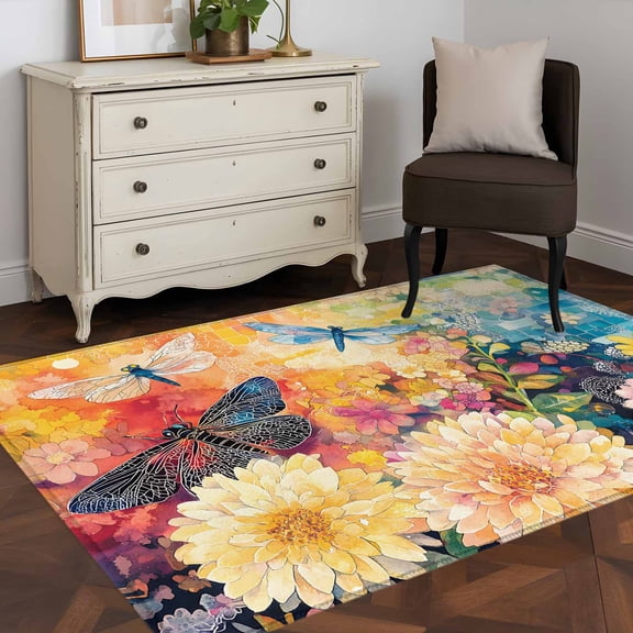 3'x5' Area Rugs, Colorful Spring Floral Indoor Outdoor Area Rug for Living Room Bedroom, Summer Botanical Dragonfly Watercolor Washable Bathroom Rugs Kitchen Floor Carpet Mats Home Decor Aesthetic