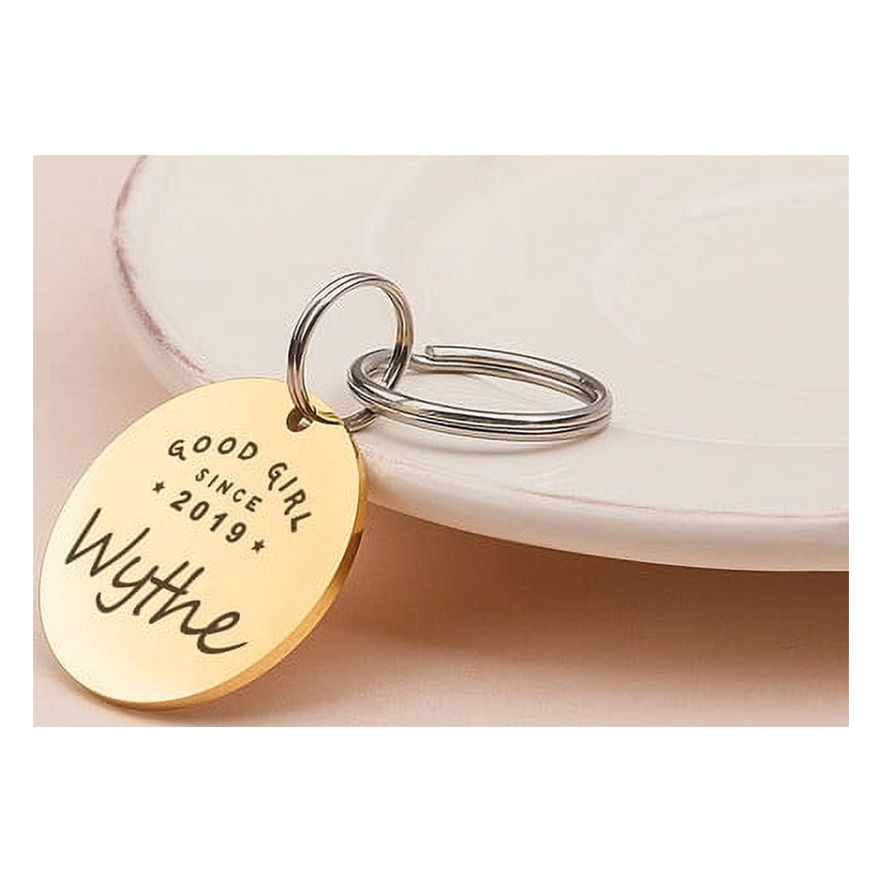 Anavia Stainless Steel Double Sided Round Name - Birth Year & Good Girl Boy Engraved Dog & Cat ID Tag, Gold, L