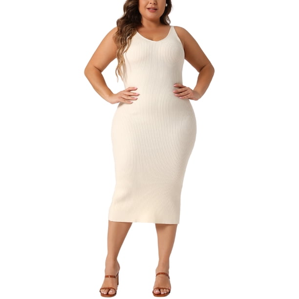 Vestido sin mangas de talla grande para mujer Agnes Orinda, con escote en V, casual, de punto acanalado, ajustado, color beige, talla 2X