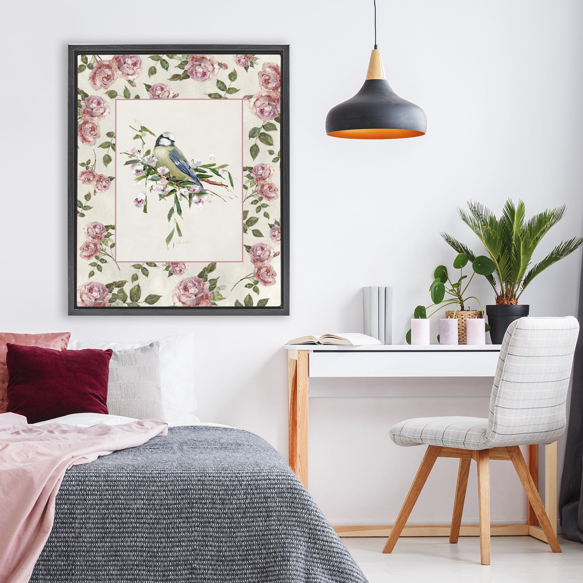 Stupell Industries Dainty Roses & Perched Bird Black Framed Floater Canvas Wall Art, design by Sally Swatland