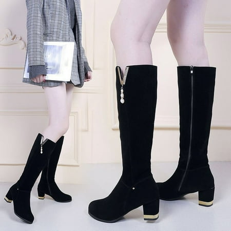 

Homadles Women s Middle Knee High Boots on Sale- High Heel with Zipper Round Toe Solid Color Boots Black Size 7