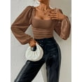 thumbnail image 4 of Women'S Square Neck Long Sleeve Crop Tops Puff Sleeve Ruched Blouse Dark Brown S, 4 of 8