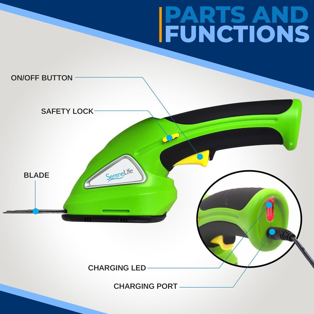SereneLife Cordless Handheld Grass Cutter Shears – Portable Lightweight Electric Hedge Trimmer with Rechargeable 3.6V Battery, Changeable Blade Garden Clippers (Light Green)
