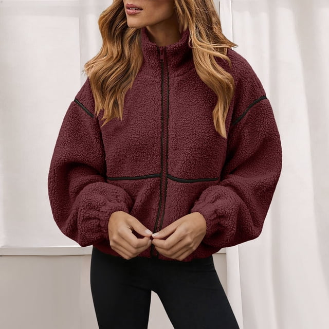 HongQid Womens Coat Casual Lapel Full Zip Fleece Jacket Long Sleeve Oversized Warm Winter Outwear with Pockets