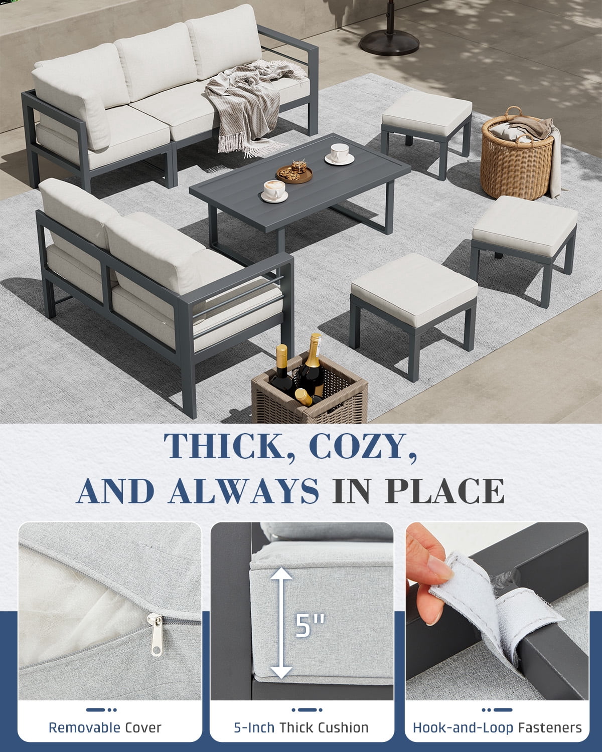 AECOJOY Outdoor Furniture Sets Clearance, Aluminum Patio Furniture Sets on sale, Metal Patio Sets, Outdoor Conversation Sets, Outdoor Sectional Sofa for Lawn,Light Grey