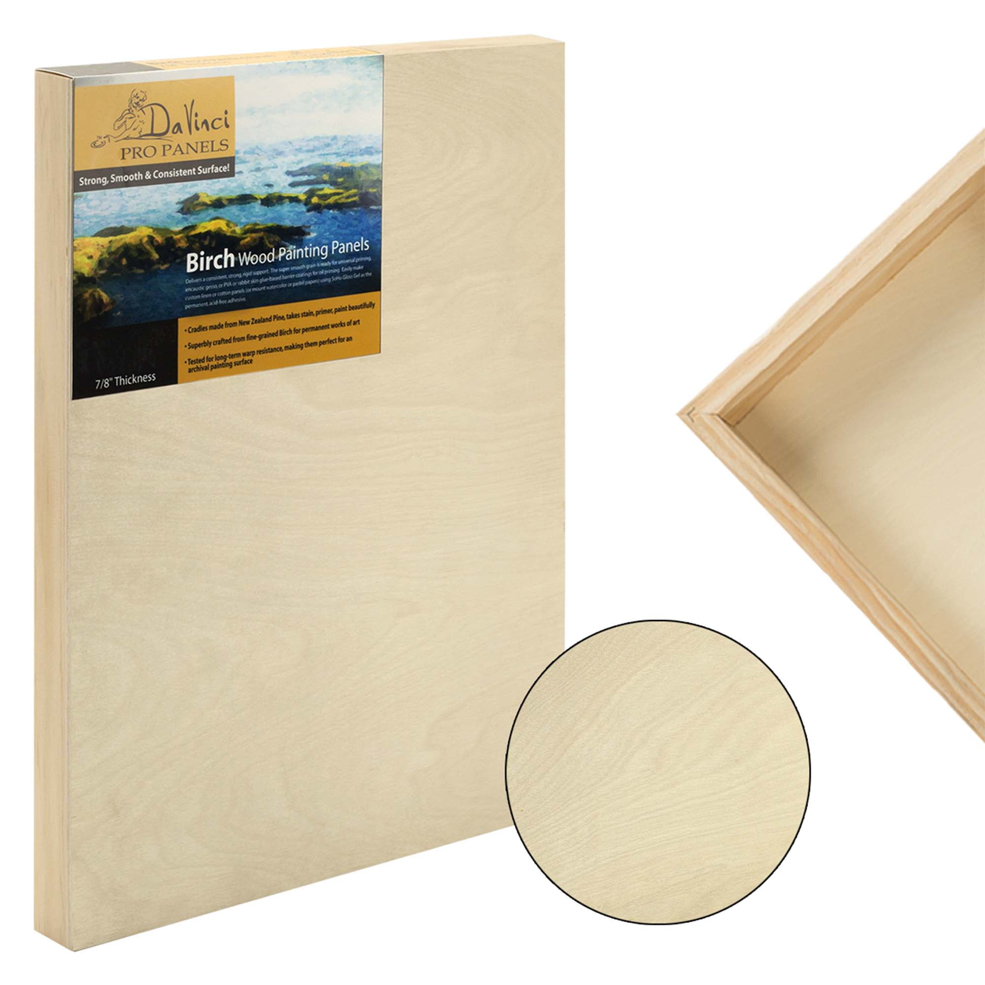 Da Vinci Pro Birch Wood Painting Panels - Very Fine Wood Grain Warp Resistant Birch, For Mounting Linen or Can Be UniversAlly Gesso Primed - [Single 7/8" Gesso Panel - 11x14"]