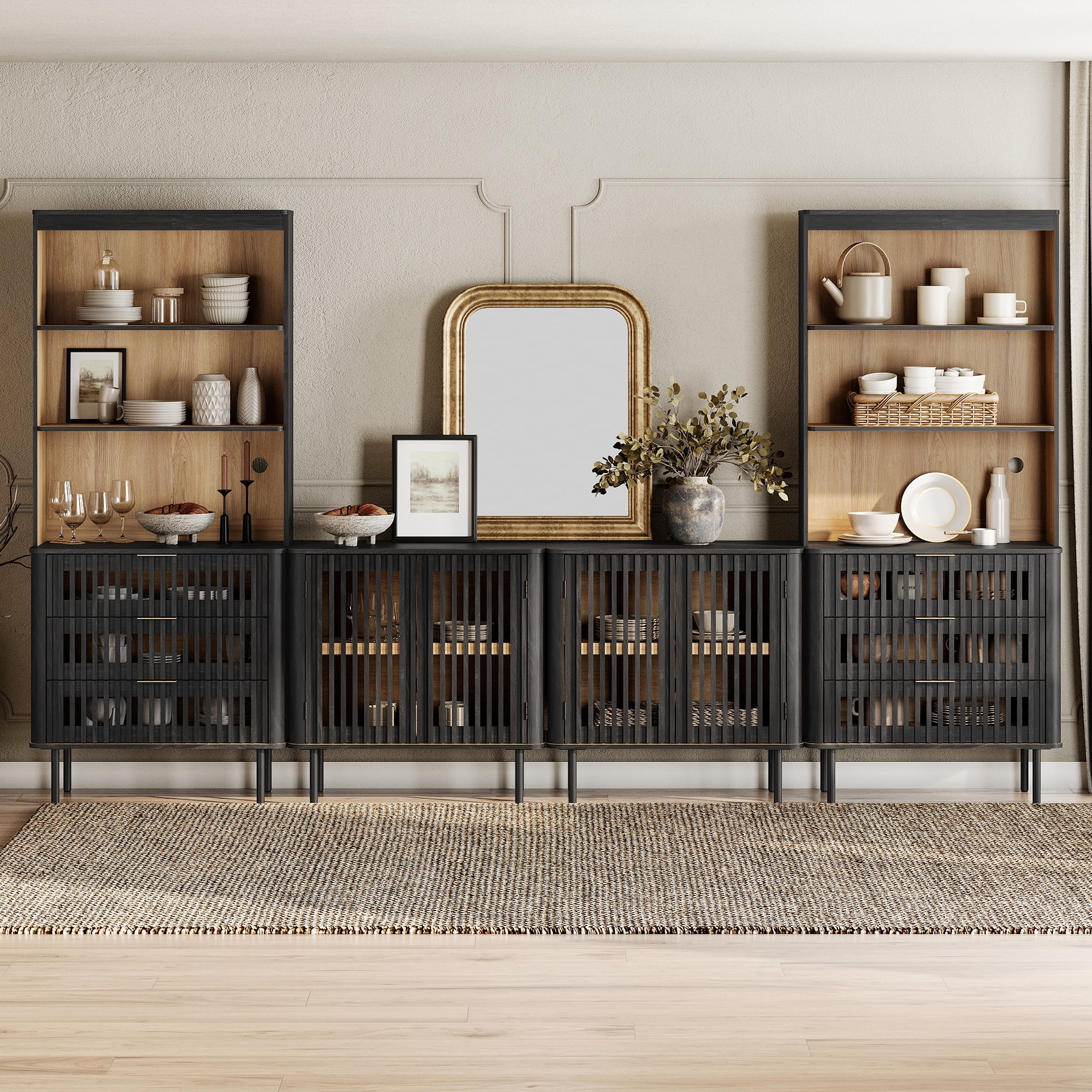WAMPAT 72.8" Tall Bookshelf with Doors and Drawers, Modern Bookcase with Storage, Adjustable Shelves, Wood Storage Cabinet, Black
