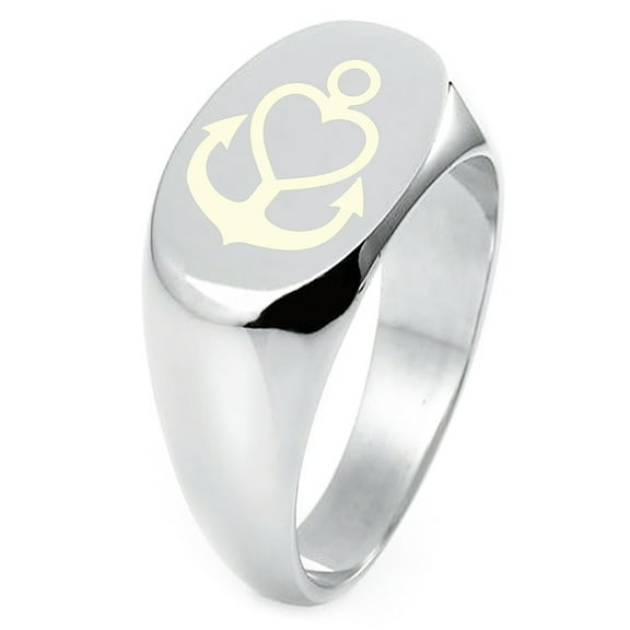 Sterling Silver Nautical Heart Anchor Engraved Oval Flat Top Polished Ring