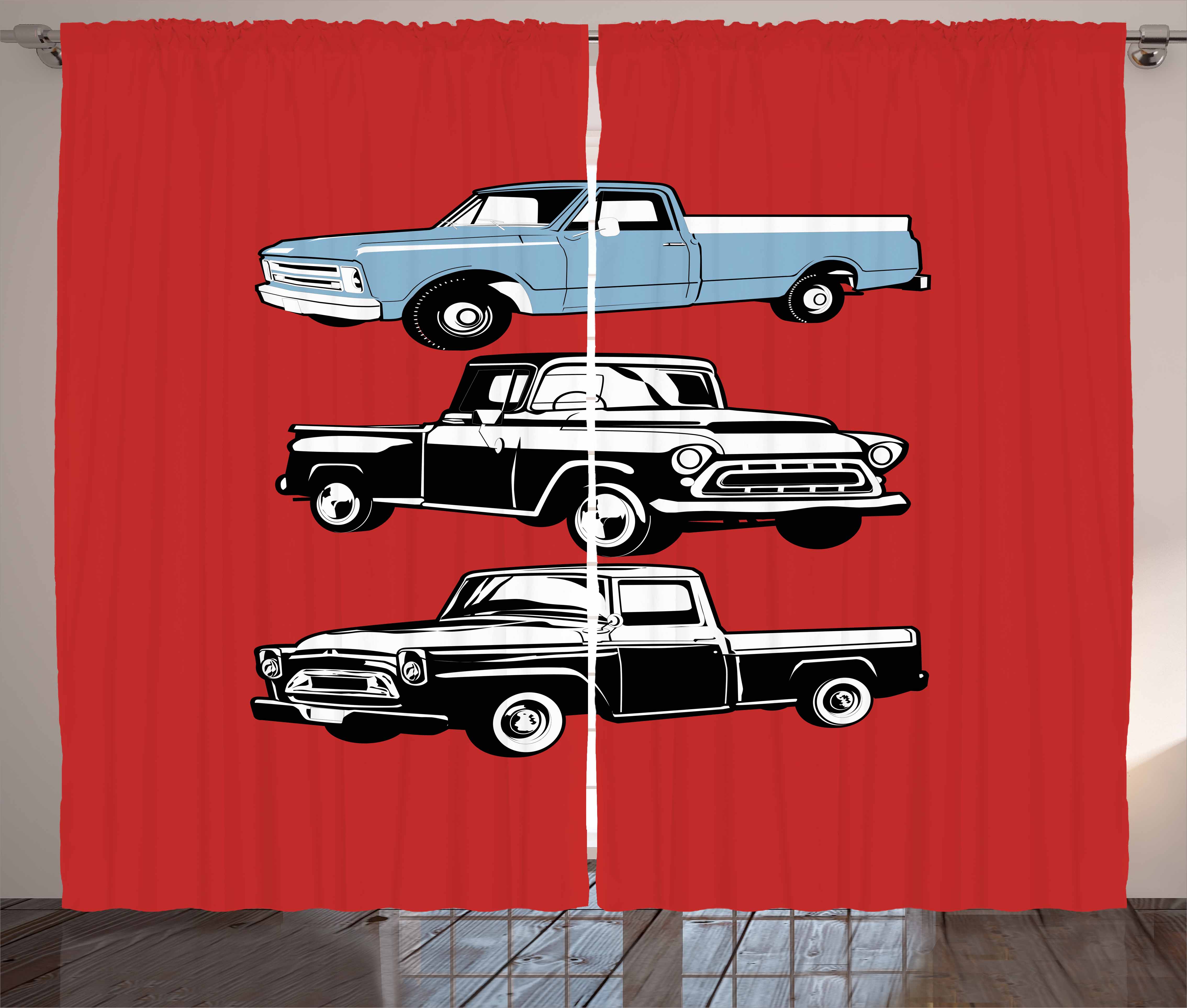 Truck Curtains 2 Panels Set, Vintage Pickup Vehicle Designs on Abstract Ruby Background Inner