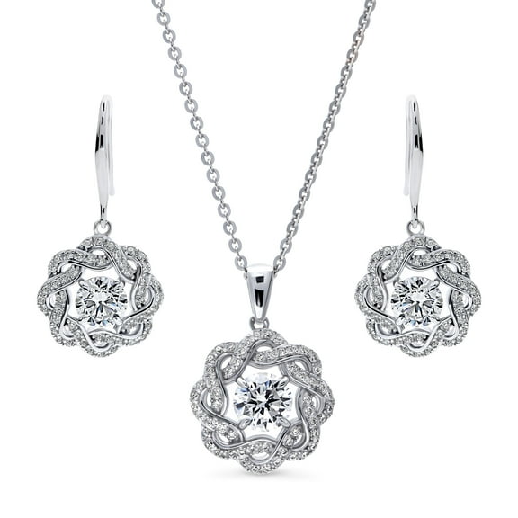 BERRICLE Sterling Silver Flower Cubic Zirconia CZ Woven Fashion Necklace and Earrings Set for Women, Rhodium Plated